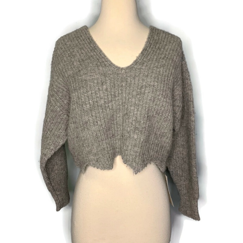 Snidel Gray Crop Asymmetrical Wool Ribbed Knit V-Neck Pullover Sweater